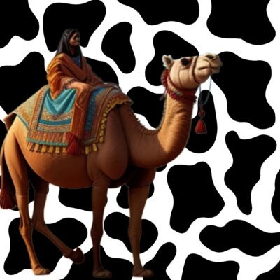 Camel Rider Cow Print Cultural Contrast Desert Fashion Surreal HD Wallpaper