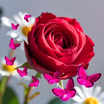 Red Wallpaper HD Red Rose Butterflies Daisies