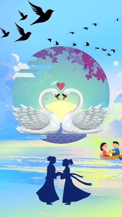 3596x6396 Wallpaper – Swans Beach Love Fantasy