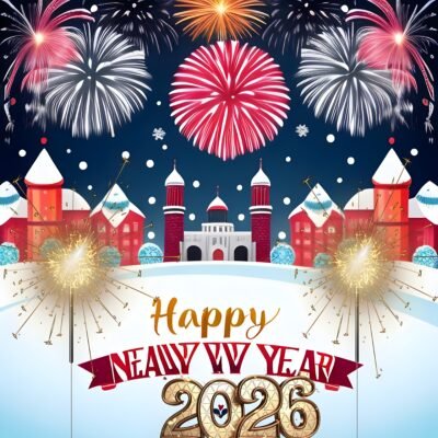 Red Wallpaper HD Happy New Year 2026 Fireworks