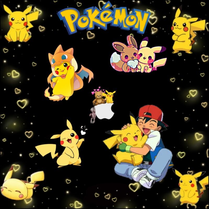 Pikachu Collage Glowing Hearts HD Wallpaper free download