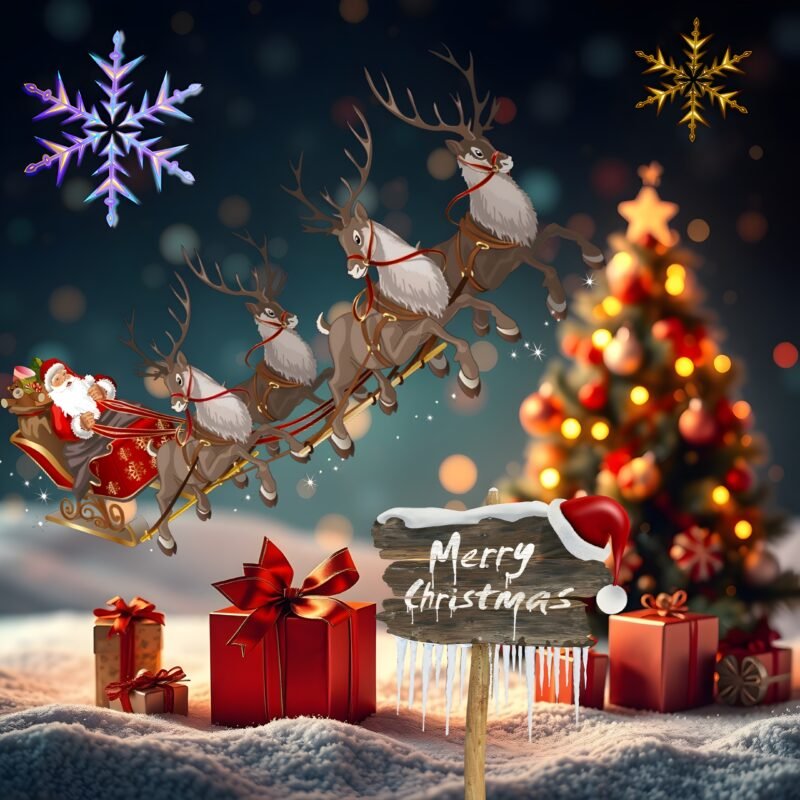 Santa Sleigh Christmas Tree HD Wallpaper free download