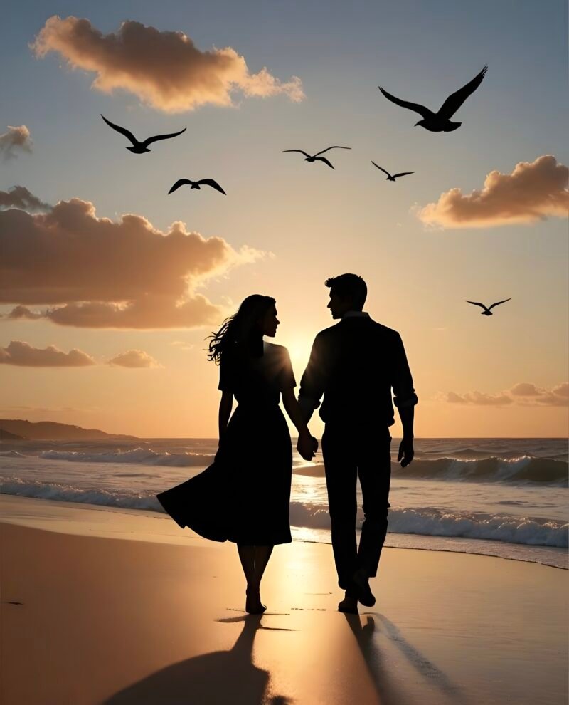 Sunset Couple Beach Walk HD Wallpaper free download