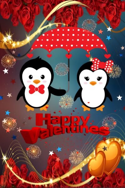 Love Heart Graphics Wallpaper – Cute Valentine Penguins