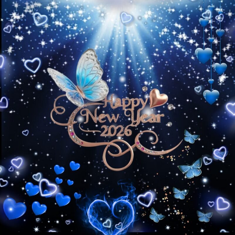 Happy New Year 2026 Blue Butterfly HD wallpaper free download